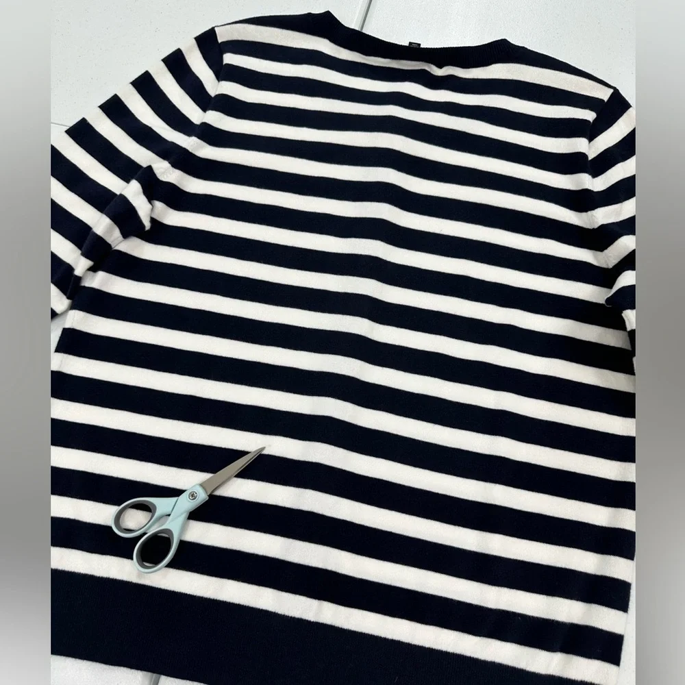 Talbots Nautical Navy White Stripe Cardigan Pima Cotton 3/4 Sleeve Classic Med